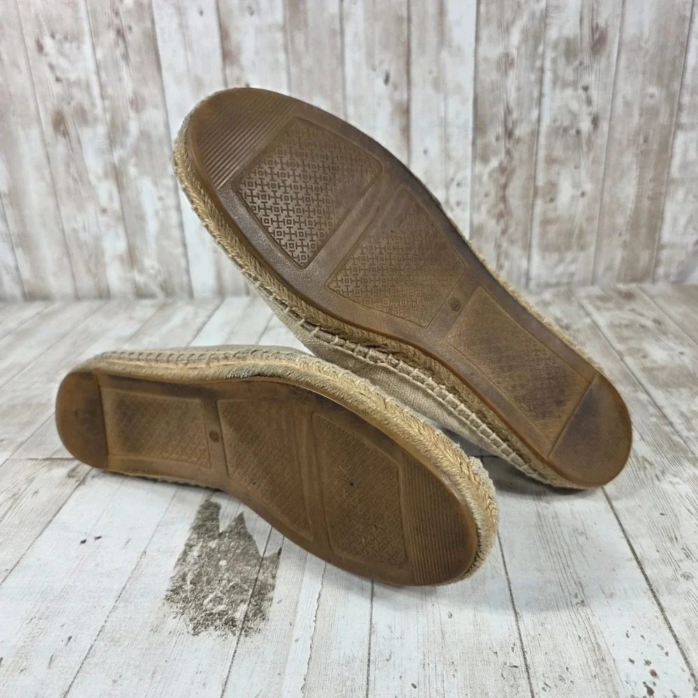 Tory Burch Tan Canvas Logo Espadrille Flats Womens Size 9.5 Beige Slip On Shoes